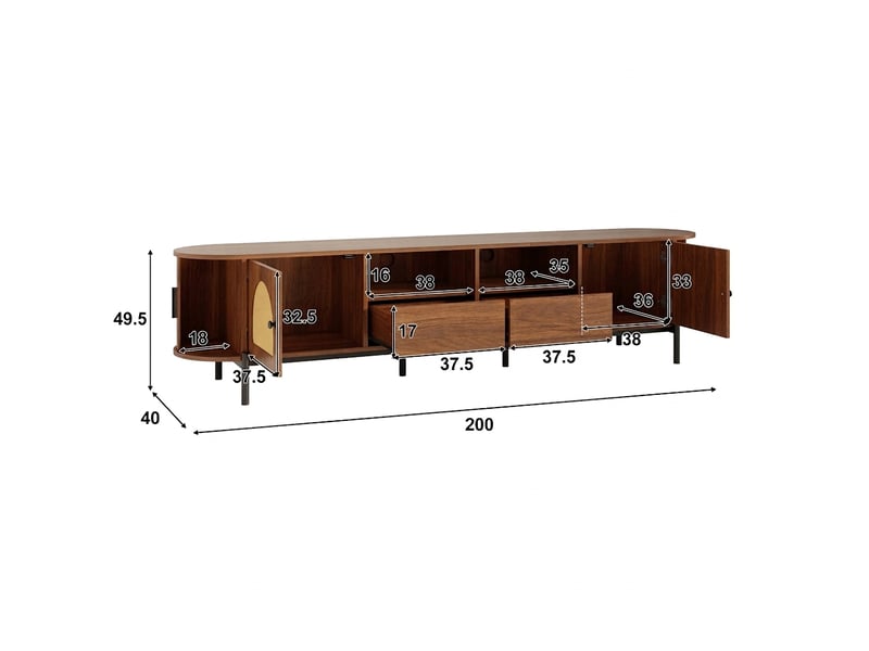  Meuble tv ovale noyer 200 cm en mdf et rotin, avec portes coulissantes et pieds en métal  - Conforama C