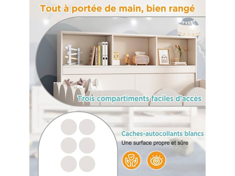  Lit au sol enfant 140x200 blanc en bois avec barrière et étagère  - Conforama D