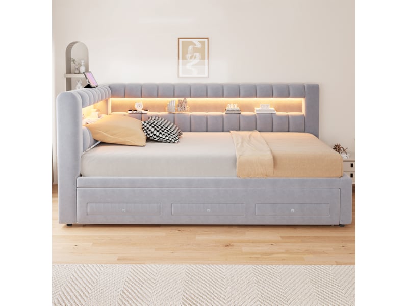 Lit gigogne 90x190 cm en velours gris clair avec led, usb et rangements, sans matelas - Conforama W