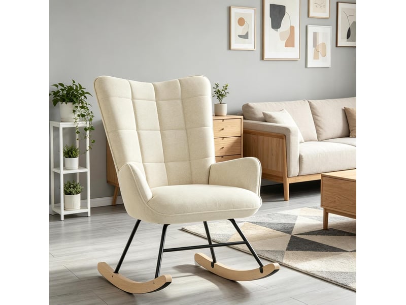 Fauteuil à bascule ergonomique avec dossier haut et accoudoirs courbés, style nordique en velours beige - Conforama B