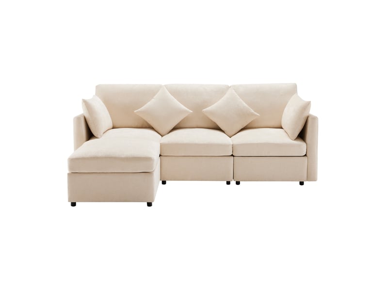  Canapé d’angle modulable 216x161x81 cm, 4 coussins, avec pouf amovible, finition tissu chenille beige  - Conforama A