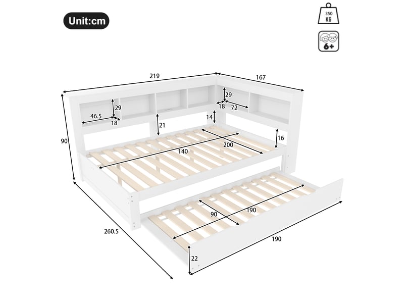  Lit banquette 140x200 avec lit gigogne et tiroirs - prises usb pin massif blanc  - Conforama C