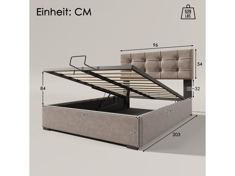  Lit coffre 90x200 en velours gris clair avec rangement hydraulique et sommier à lattes métallique  - Conforama C