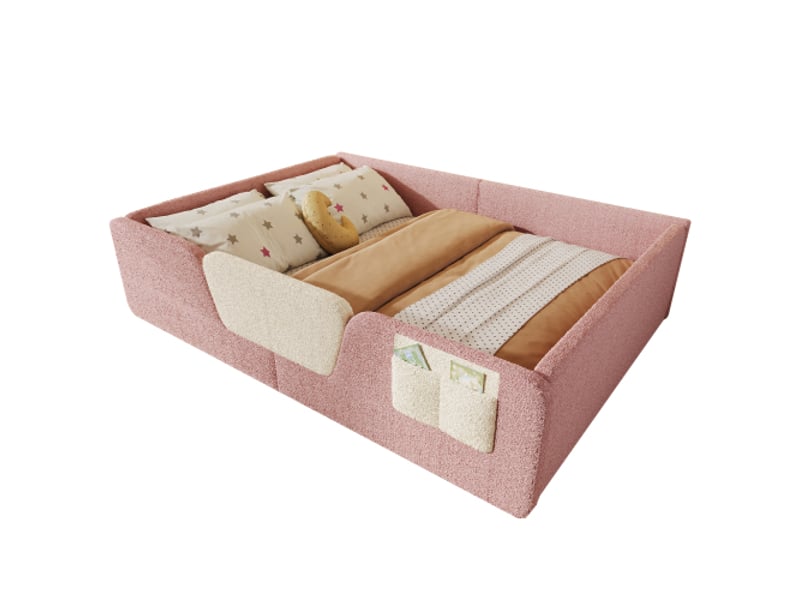  Lit capitonné, 140 x 190 cm, sans matelas, barrières de sécurité amovibles, sac de rangement intégré en velours unique, rose  - Conforama A
