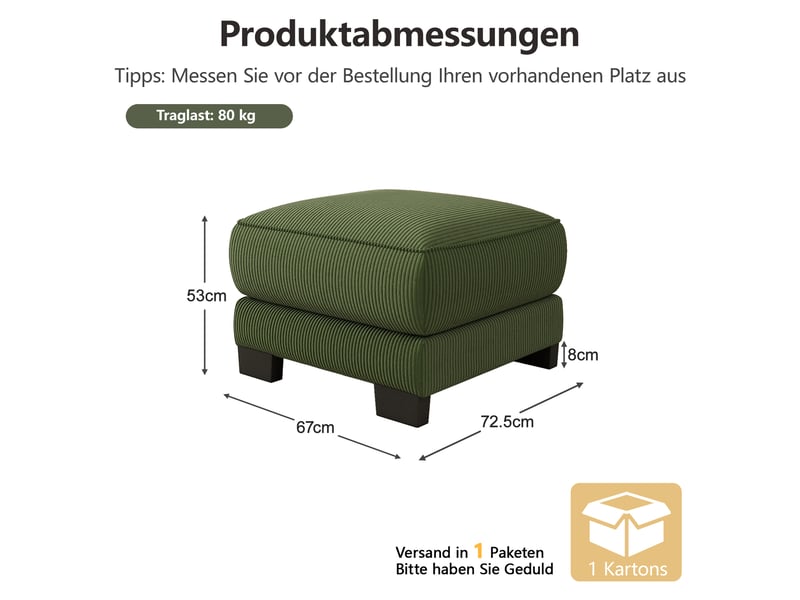  Pouf carré vert en velours côtelé avec pieds, repose-pieds confortable pour salon  - Conforama C