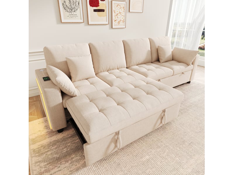  Canapé d'angle convertible 4 places avec deux couchages, led, usb et type-c, dossier réglable en chenille beige  - Conforama D