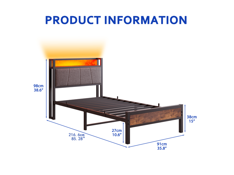  Lit simple 90x200 cm, couleur marron+noir, mdf et métal, led équipé de prise et usb  - Conforama C