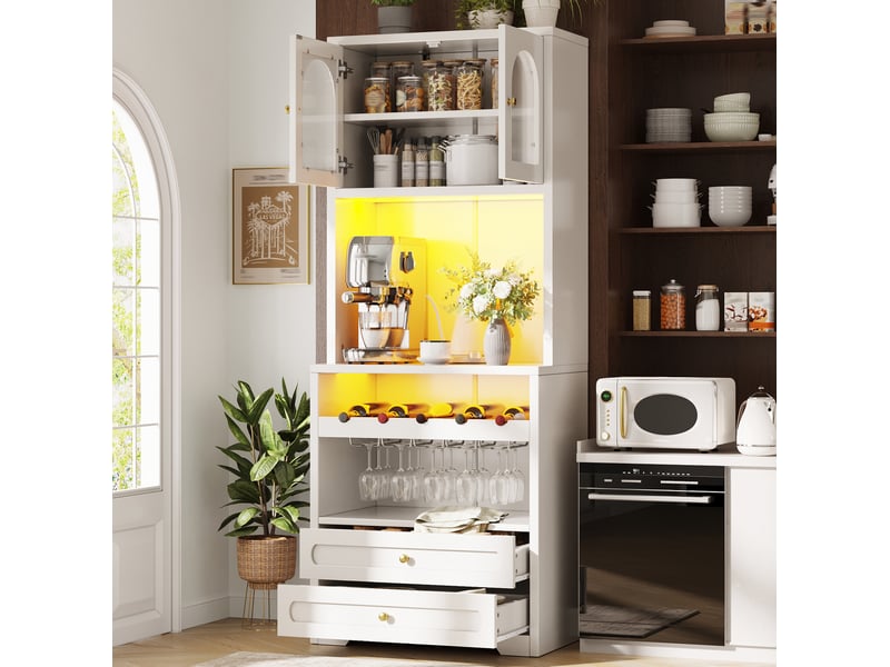  Meuble haut rangement 140x40x180 cm, portes vitrées cintrées, led, étagères réglables, porte-bouteille, usb, mdf, blanc  - Conforama D