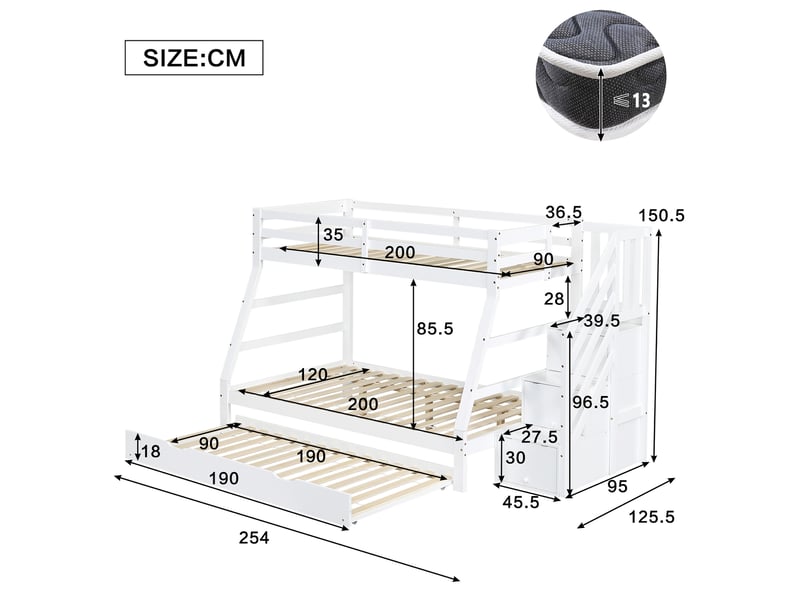 Lits superposés 90x200cm lit gigogne avec escalier et compartiment et barrières - lit en bois - blanc (sans matelas) - Conforama C