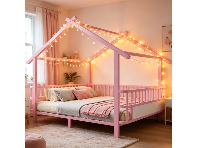  Lit enfant cabane en métal 140 x 200 cm avec barrières de sécurité, rose  - Conforama D