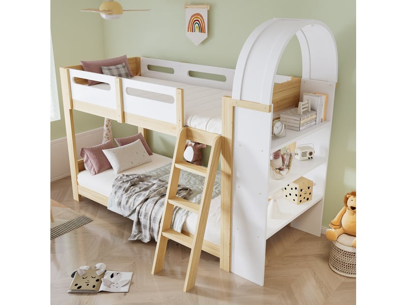  Modenvie lit superposé enfant 90x200 cm - avec étagère 3 niveaux et échelle 3 marches, sans matelas - blanc et naturel  - Conforama D