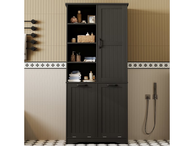 Armoire salle de bains 78x35x172,7 cm avec 2 paniers à linge, étagères réglables et porte, meuble rangement mdf noir - Conforama B