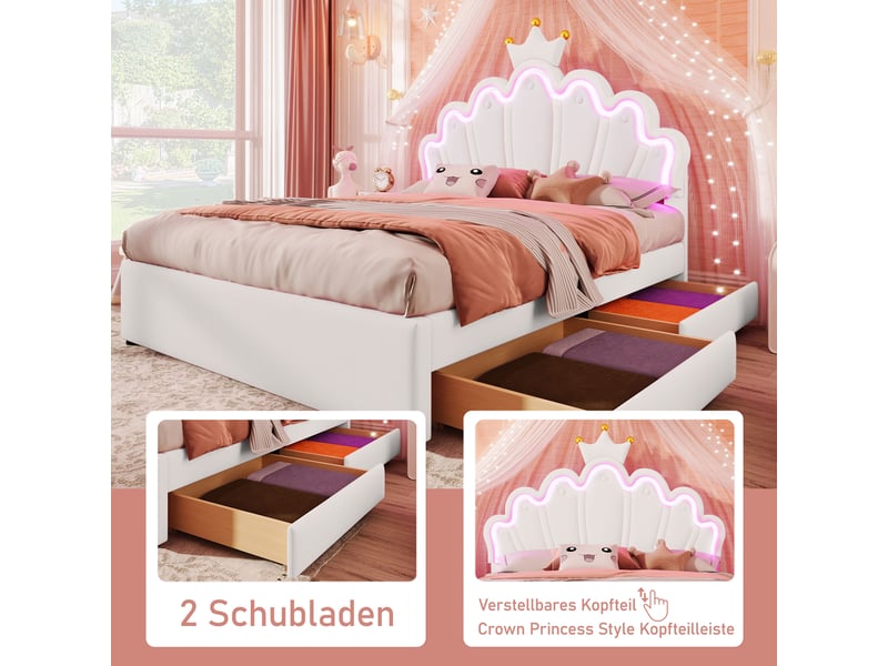  Lit enfant rembourré 140x200 cm avec tête de lit couronne réglable, led télécommandée, 2 tiroirs, pu blanc CozyNest - Conforama E