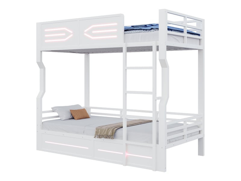  Lit superposé 90x200 cm avec led, cadre robuste, lignes droites et barrières hautes de sécurité pour chambre ado, mdf et métal, blanc OMNIGLINT TRADING LTD - Conforama A