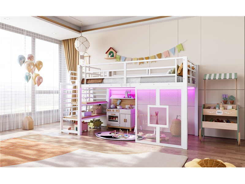 Lit mi-hauteur 90 × 200 cm, escalier à étagères ouvertes, panneaux à fenêtres, éclairage led, métal et mdf, blanc - Conforama B