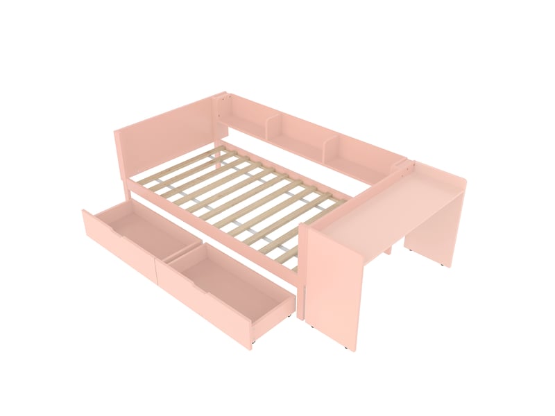  Lit enfant rose 90x200 cm en bois, bureau, 2 tiroirs et étagères intégrés  - Conforama E