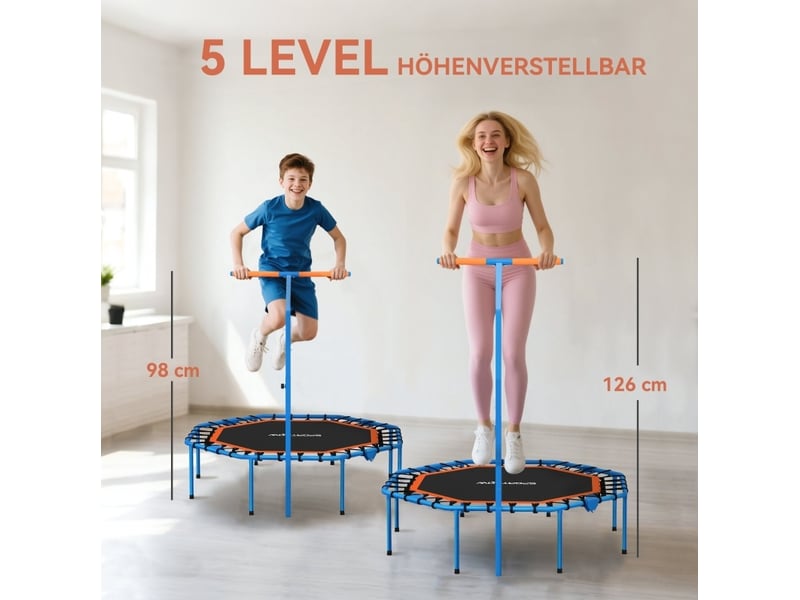  Trampoline de fitness pliable bleu, poignée réglable 98-126 cm, 32 élastiques, entraînement intérieur  - Conforama D
