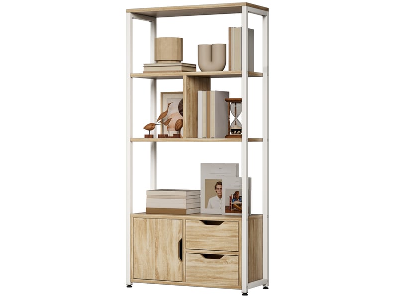  Bibliothèque avec étagères, tiroirs et porte, 58 x 24 x 122 cm, style industriel, bois blanc et naturel  - Conforama B