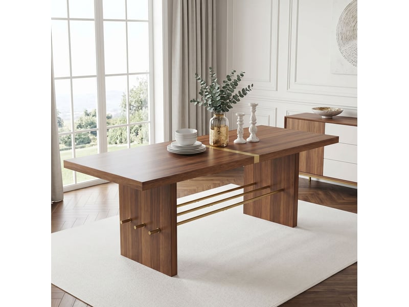 Table à manger 180x75 cm pour 6 à 8 personnes, en mdf noyer et doré, au design moderne - Conforama D