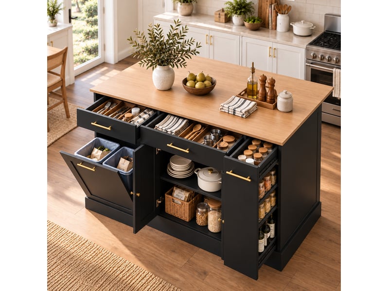  Îlot de cuisine noir avec plateau rabattable de 120 cm, rangement latéral coulissant et compartiment poubelle  - Conforama E