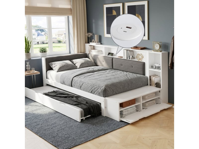  Lit gigogne 120x200 cm avec rangement et base de chargement en bois et tissu blanc et gris  - Conforama B