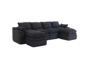 Canapé d'angle modulaire 4 places en velours côtelé noir avec 2 poufs et poches latérales, confort durable