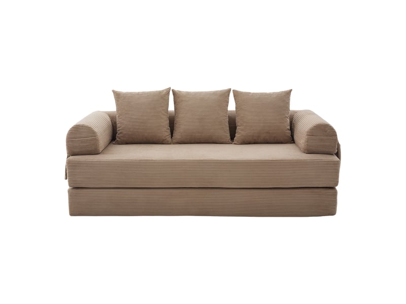  Canapé droit 200 x 94 x 67 cm avec structure en métal, poches latérales, 3 coussins et assise compressée, velours côtelé, kaki Morn Vibe - Conforama A