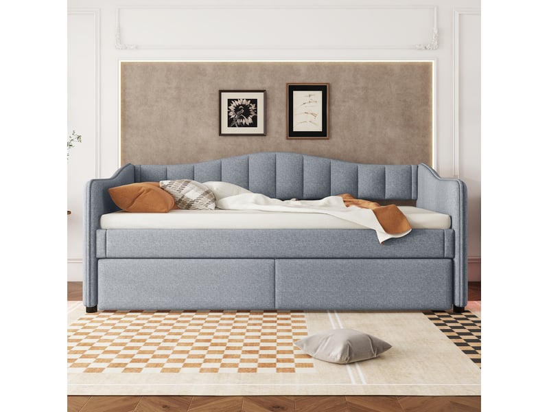  Canapé lit 90x200cm, sommiers, accoudoirs, lit gigogne avec éclairage avec éclairage led, design simple, lin gris, sans matelas  - Conforama D