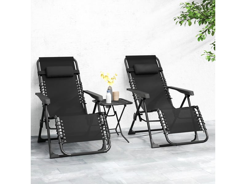  Lot de 2 chaise longue pliable et inclinable avec table d'appoint, porte-gobelets et appuie-têtes, charge 120 kg, noir  - Conforama C