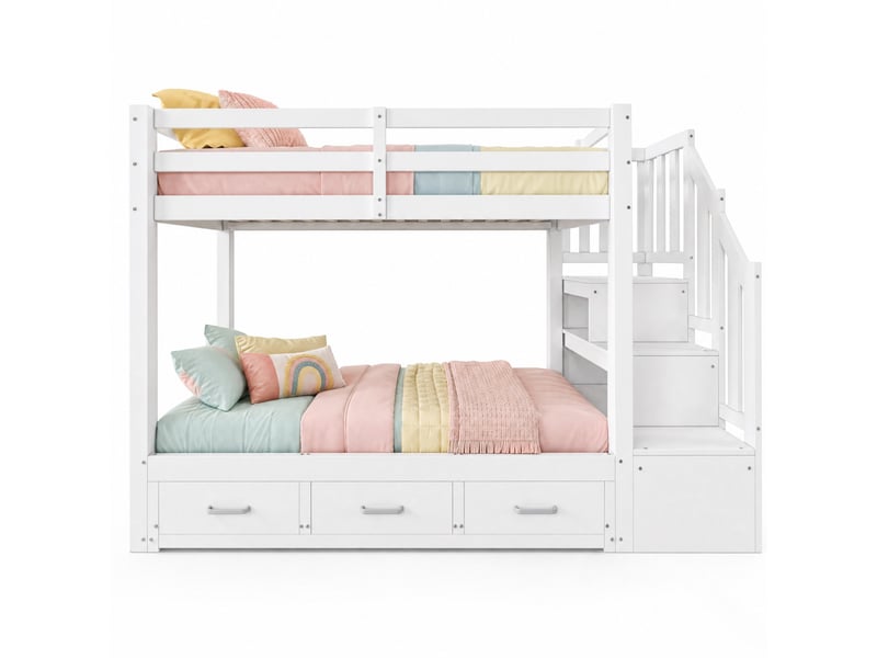  Lit superposé 90x200 cm avec lit gigogne 90180x190 cm, tiroirs et rangements coloris blanc  - Conforama A