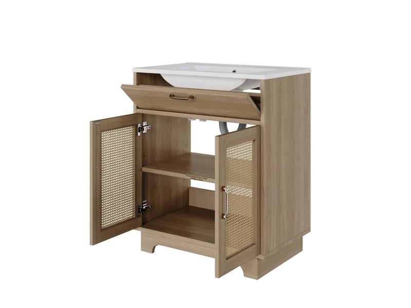  Meuble salle de bain sur pied 76cm avec meuble vasque céramique, mdf et rotin naturel  - Conforama A