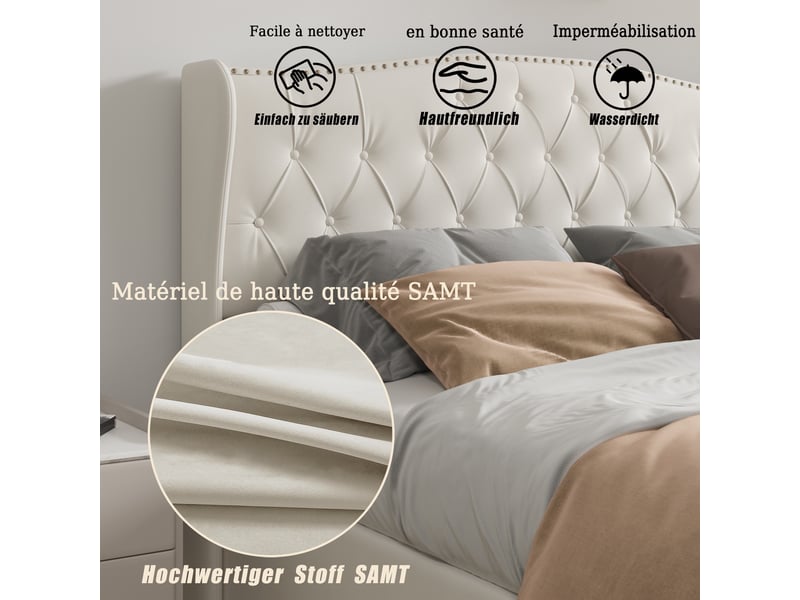  Lit coffre 140x200cm - lit double 140x200 avec tête de lit capitonnée vague, rivets, coffre &amp; velours - beige  - Conforama D