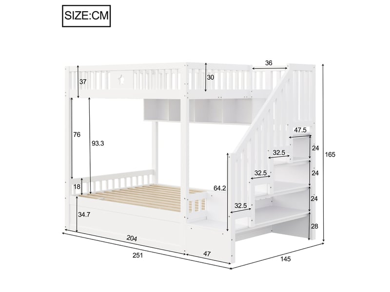  Lit superposé 140x200 cm avec couchage inférieur hydraulique, escalier de rangement et étagères, pour chambre ado, bois, blanc Sol Morn - Conforama C
