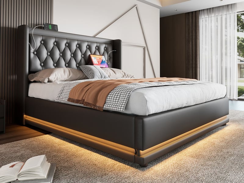  Lit rembourré en pu noir, 160 x 200 cm, avec coffre de rangement hydraulique, port de charge et éclairage led sur trois côtés  - Conforama B