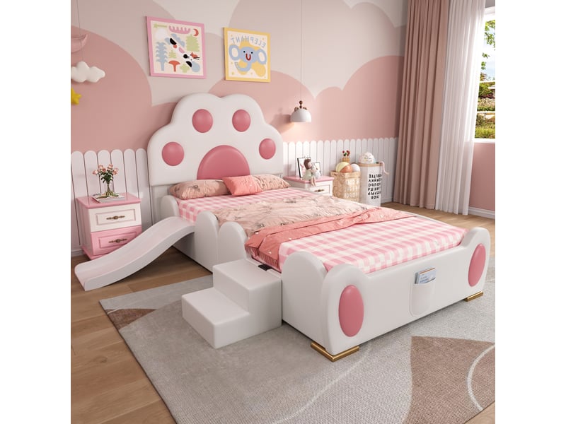 Lit jeune 90x200 cm avec tête de lit en patte de chat, toboggan et échelle 2 marches, pu, blanc et rose, sans matelas - Conforama R