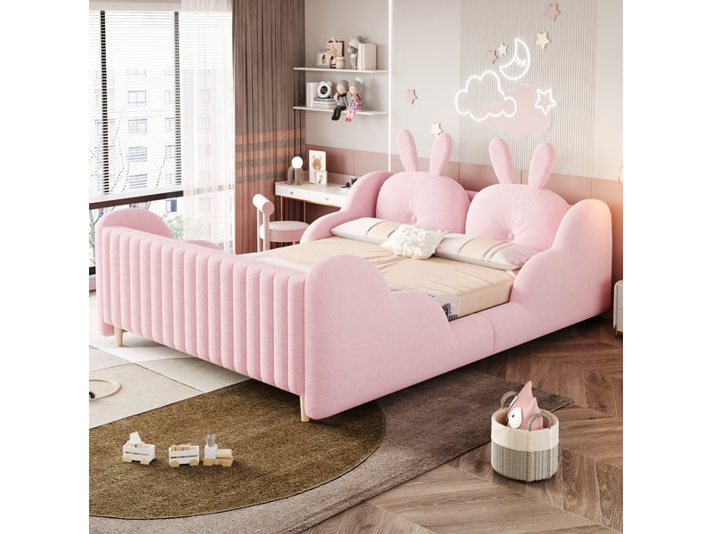 Lit 140x200cm - tissu teddy velours rose - coussins oreilles de lapin - barrières latérales nuage - structure bois renforcée - capacité 140kg - Conforama C