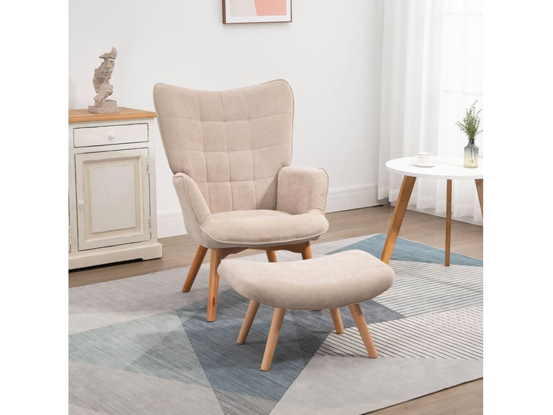 Fauteuil à oreilles beige 72x80x101 cm avec repose-pieds en velours côtelé - Conforama B