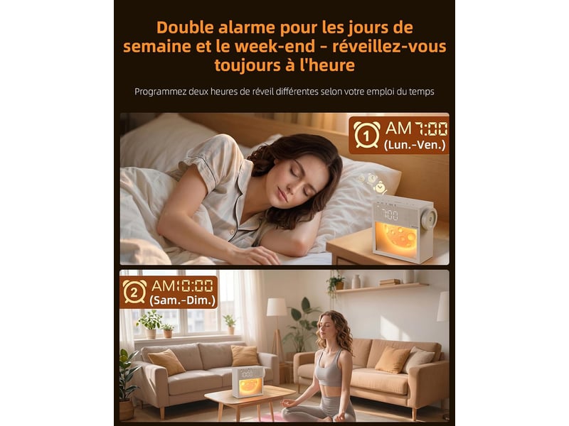 Réveil simulateur d’aube, lumière de réveil, chevet, bruit blanc - Conforama E