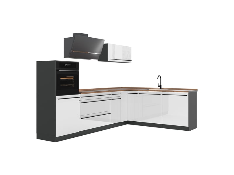  Vicco cuisine en angle, blanc haute brillanceanthracite, 287 x cm plan de travail chêne doré  - Conforama A
