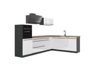 Vicco cuisine en angle, blanc haute brillanceanthracite, 287 x cm plan de travail chêne doré