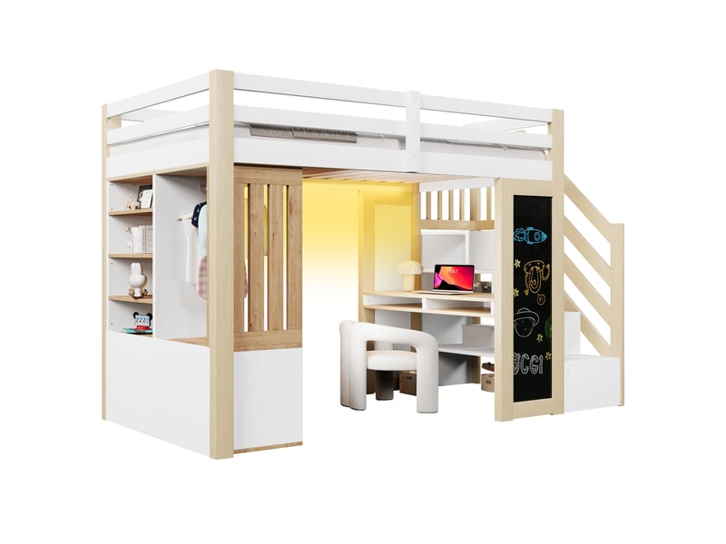 Lit mezzanine 90x200 cm avec bureau, armoire et rangements, structure mdf et pin, blanc et bois naturel - Conforama A