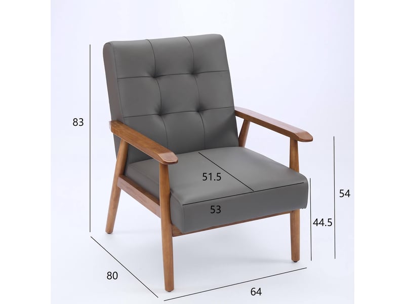  Fauteuil en cuir avec accoudoirs en bois et pieds en bois, style classique gris  - Conforama C