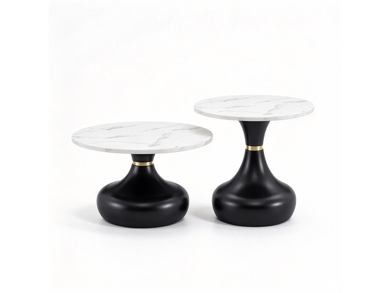  Lot de 2 tables basses rondes ø 70 et 50 cm, table d'appoint, plateaux effet marbre blanc, piètements noirs et dorés - noir et blanc  - Conforama A