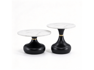 Lot de 2 tables basses rondes ø 70 et 50 cm, table d'appoint, plateaux effet marbre blanc, piètements noirs et dorés - noir et blanc
