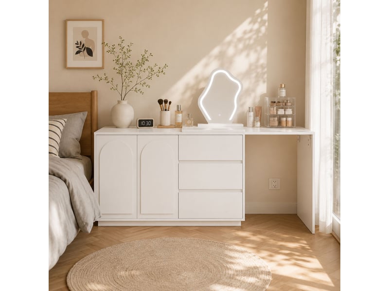  Coiffeuse 3 en 1 avec miroir 105x50x107,5 cm-10 tiroirs-armoire à bijoux-plateau en verre trempé-décor rotin-blanc  - Conforama B