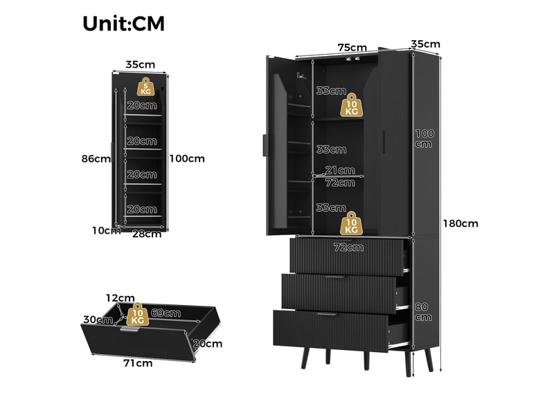  Armoire de rangement haute 2 portes 3 tiroirs avec étagères -  mdf rainuré, noire  - Conforama D