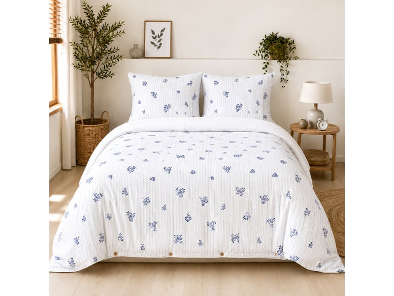  Housse de couette réversible 200 x 200 cm double gaze de coton imprimée suzanne chantilly 15335 - Conforama A