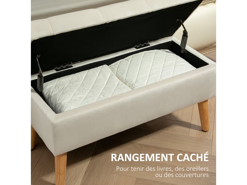  Banc de rangement coffre de rangement tissu effet velours pieds en bois 80 x 35 x 42 cm charge max. 120 kg, crème  - Conforama A