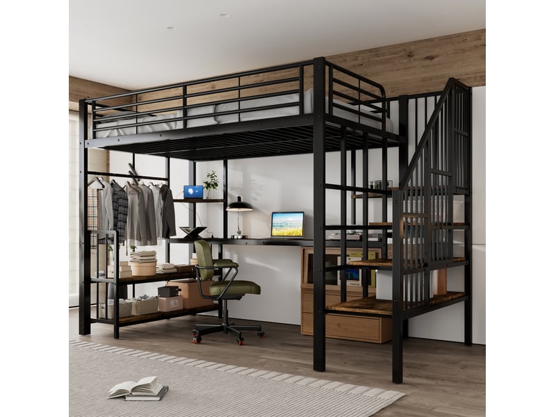 Lit mezzanine 120x200 cm noir et noyer foncé avec escalier, rangement et port de charge - Conforama E