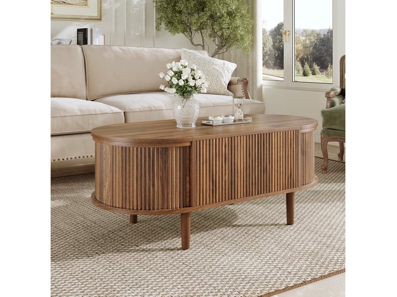  Table basse 100x48x53,5 cm, plateau escamotable, espace de rangement, style vintage, pour salon, en bois et mdf, noyer  - Conforama D